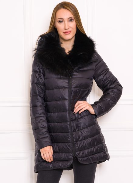 Women's winter jacket with real fox fur Due Linee - Black -
