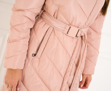 Dámska dlhá zimná bunda s asymetrickým zipsom - baby pink -