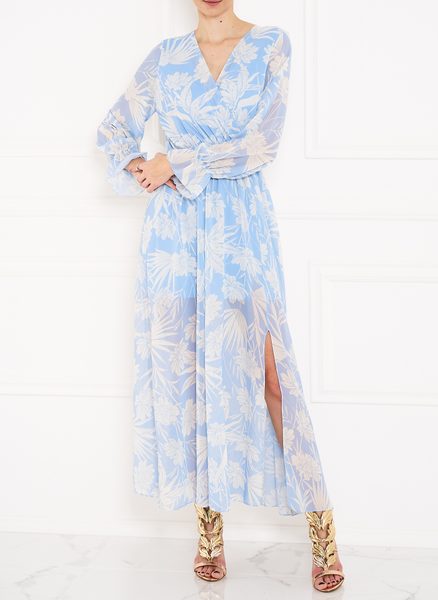 Dámské dlouhé šaty s květy - modrá -