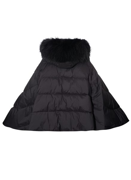 Poncho de puf pentru femei cu blană naturală de raton, negru -