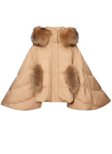Poncho de puf pentru femei cu blană naturală de raton, bej -