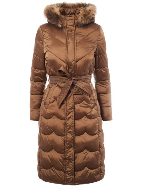 Dámská zimní bunda s pravým mývalovcem a vázáním caramello -