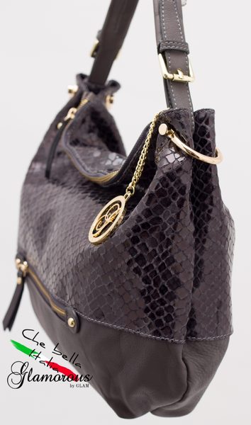 Kožená kabelka s hadím vzorom a zipsom - sivá -