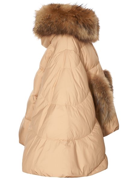 Poncho de puf pentru femei cu blană naturală de raton, bej -