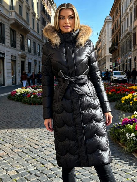 Dámská zimní bunda s pravým mývalovcem a vázáním černá -