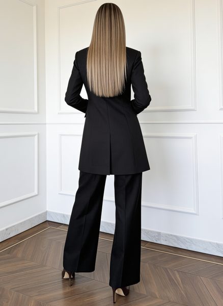 Costum negru sacou pe două rânduri pantaloni cu curea -