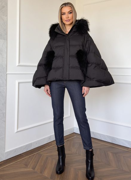 Poncho de puf pentru femei cu blană naturală de raton, negru -