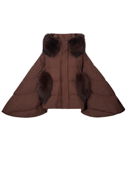 Poncho de puf pentru femei cu blană naturală de raton, maro -