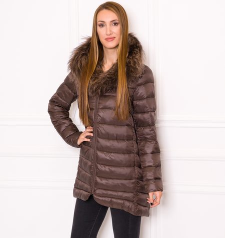 Women's winter jacket with real fox fur Due Linee - Brown -