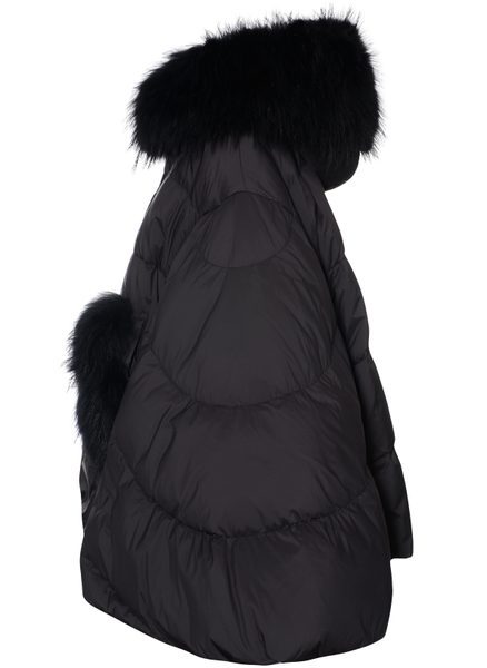 Poncho de puf pentru femei cu blană naturală de raton, negru -