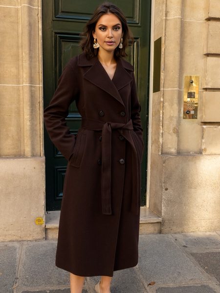 Prémiový kabát z česané vlny choco -