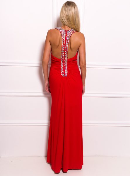 Spoločenské dlhé šaty s kamienkami okolo krku a chrbte - červená -