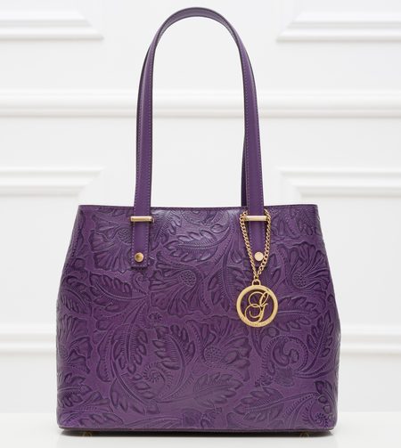 Kožená kabelka s květy přes rameno - fialová -