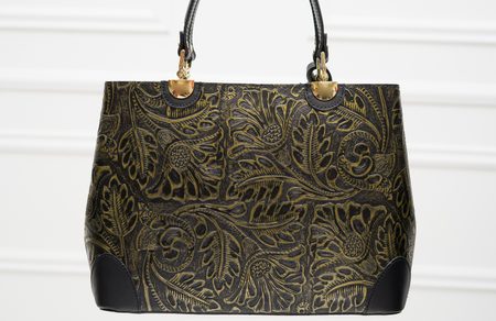 Dámská kožená kabelka ražená s květy černo - zlatá -