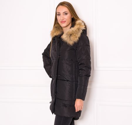 Women's winter jacket with real fox fur Due Linee - Black -