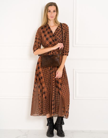 Dámska kožená kabelka s kožušinou - tmavohnedá -