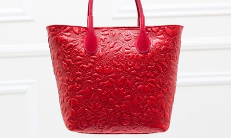 Dámska kožená kabelka do ruky s kvetmi - červená -