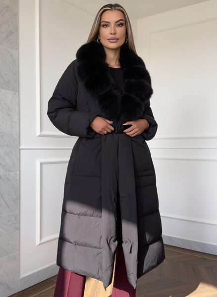 Dámská zimní péřová oversize bunda s liškou černá -