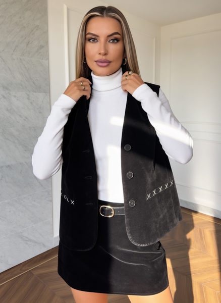 Compleu elegant flock vestă și pantaloni scurți negru -