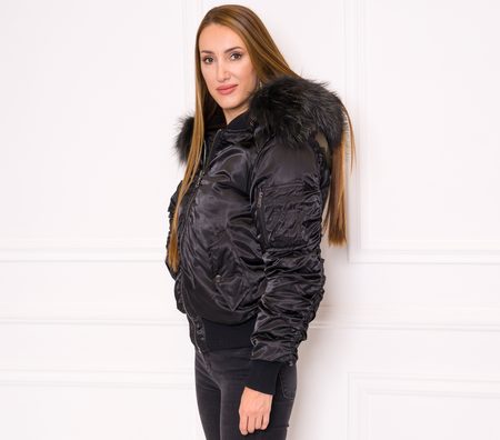 Dámský zimní bomber lesklý se zeleným mývalovcem - černá -
