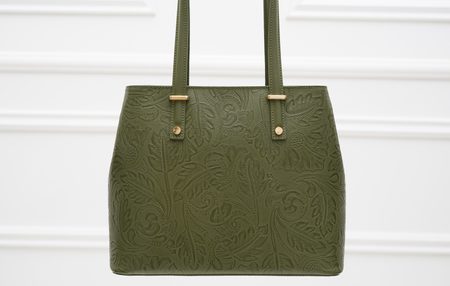 Kožená kabelka s kvetmi cez rameno - tmavo zelená -