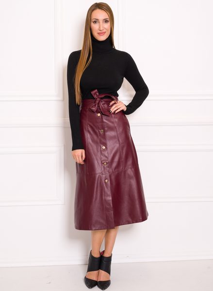 Dámska koženková sukňa s gombíkmi midi - vínová -