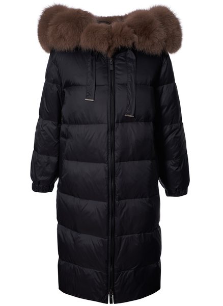 Dámská péřová oversize zimní bunda černá s hnědou liškou -