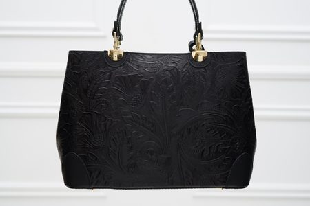 Dámská kožená kabelka ražená s květy - černá -