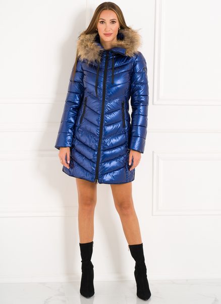 Dámská zimní bunda s pravou kožešinou kolem kapuci modrá -