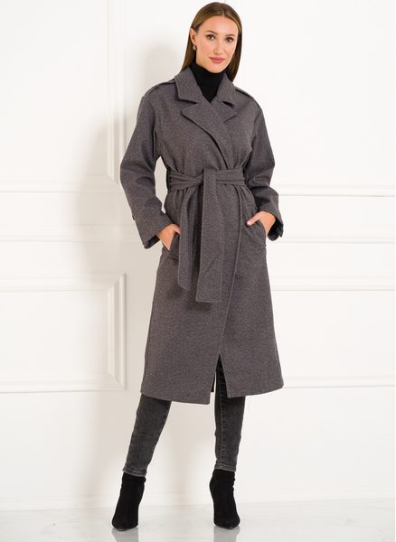 Dámský flaušový kabát s koženkovými detaily šedý -