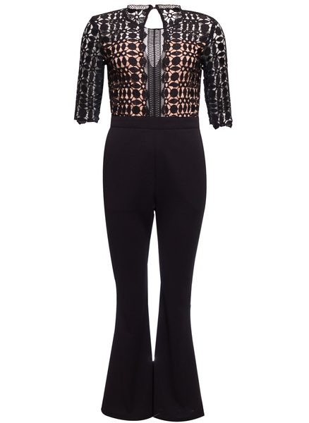 Dámský elegantní overal černo - béžový s krajkou -