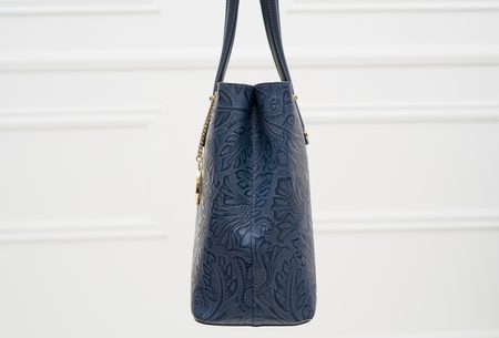 Kožená kabelka s květy přes rameno - tmavě modrá -