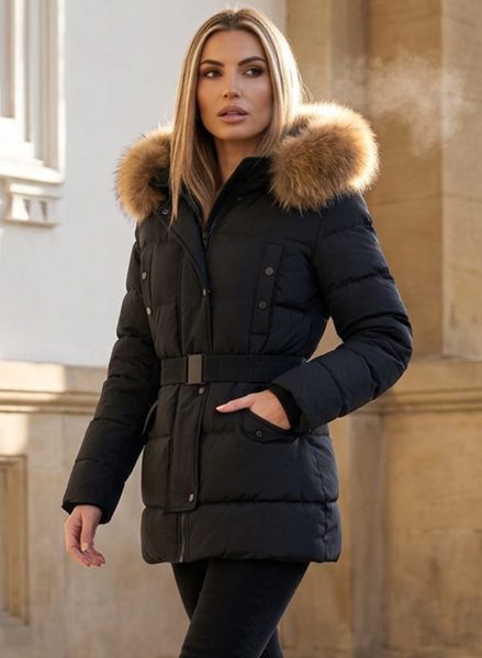 Geacă de iarnă de damă cu guler din vulpe autentică Due Linee - Neagră -