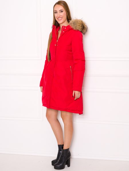 Women's winter jacket with real fox fur Due Linee - Red -