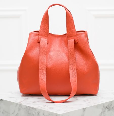 Kožená velká kabelka s krátkým a dlouhým poutkem - oranžová -