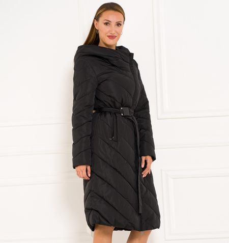 Dámská dlouhá zimní bunda s asymetrickým zipem - černá -
