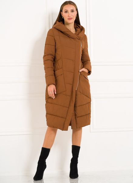 Dámska zimná bunda s asymetrickým zipsom - hnedá -