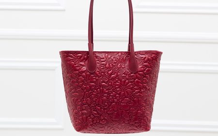 Dámska kožená kabelka cez rameno s kvetmi - vínová -