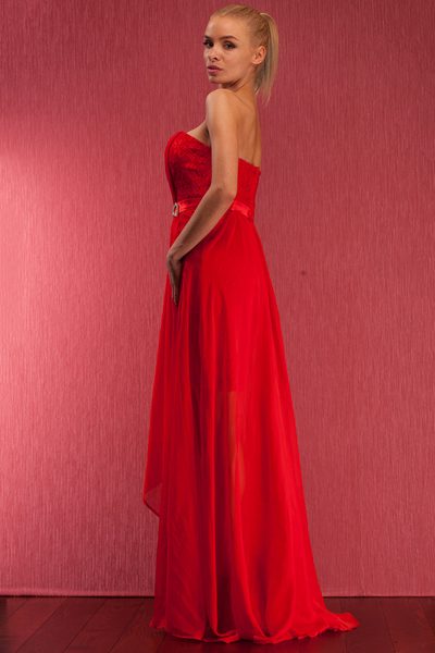 Spoločenské dlhé i krátke šaty bez ramienok s čipkou - červená -