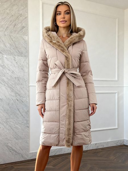 Dámská béžová zimní bunda s vegan fur lemováním -