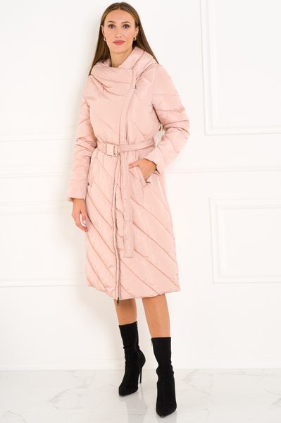Dámska dlhá zimná bunda s asymetrickým zipsom - baby pink -