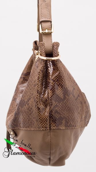 Kožená kabelka s hadím vzorem a zipem - béžová -