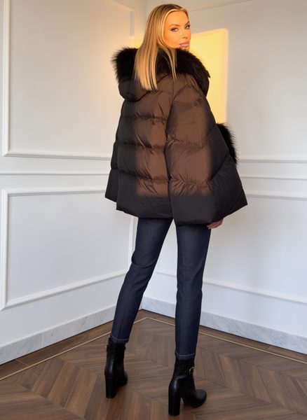 Poncho de puf pentru femei cu blană naturală de raton, negru -