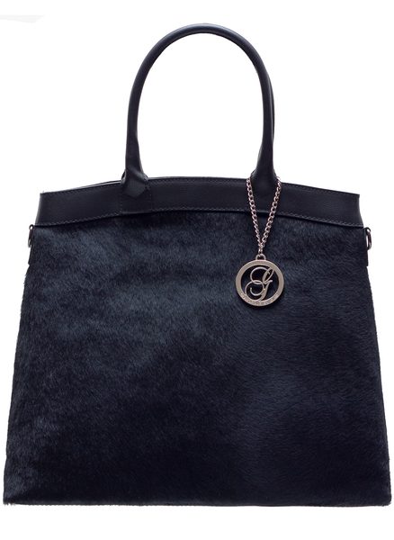 Dámske luxusné kožená kabelka so srsťou - čierna -