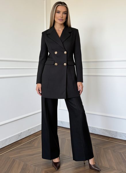 Costum negru sacou pe două rânduri pantaloni cu curea -