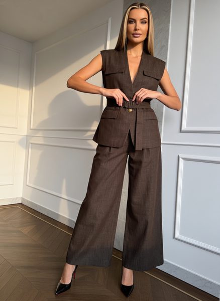 Compleu damă vestă și pantaloni jeans maro -