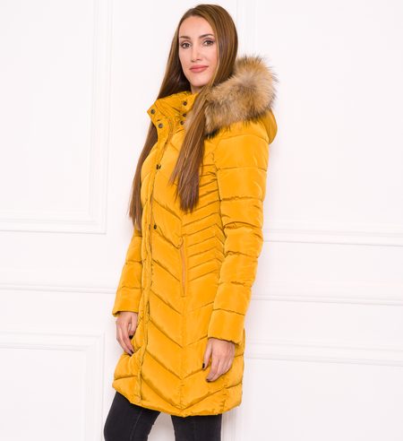 Women's winter jacket with real fox fur Due Linee - Yellow -