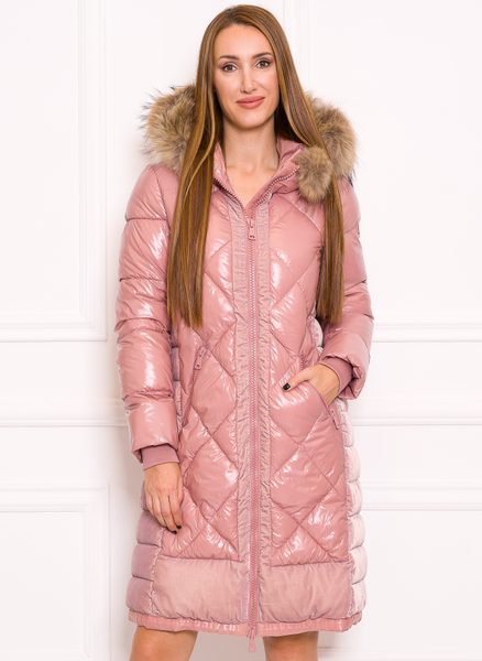 Women's winter jacket with real fox fur Due Linee - Pink -