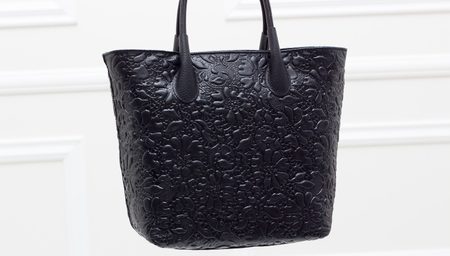 Dámska kožená kabelka do ruky s kvetmi - čierna -