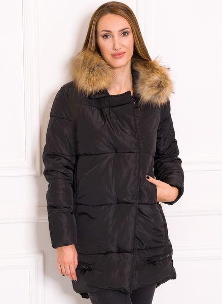 Women's winter jacket with real fox fur Due Linee - Black -